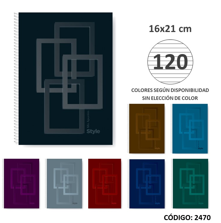 CUADERNO 16x21 MIS APUNTES TAPA DURA STYLE RAYADO x120hjs. (L2470)