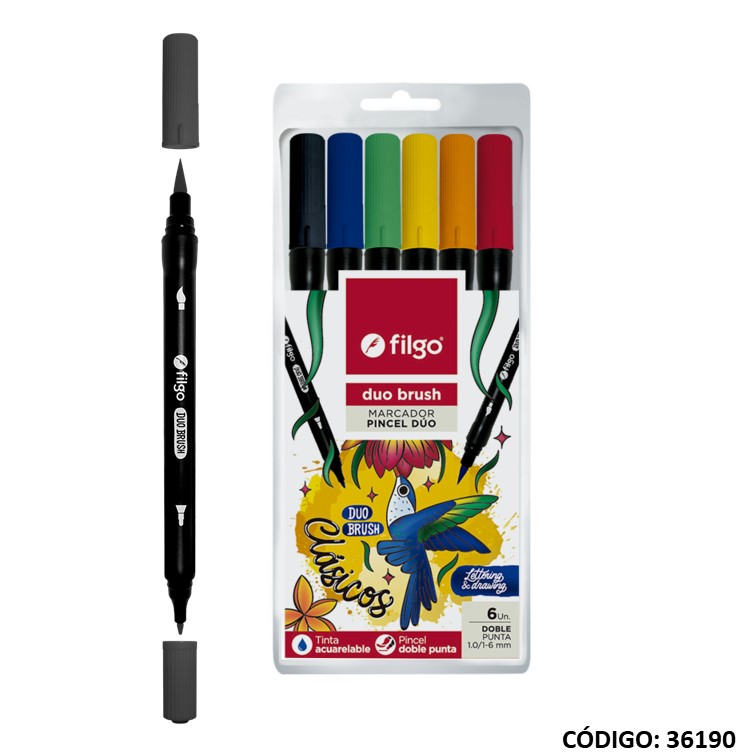 FIBRA PINCEL FILGO TRAZO GRUESO DOBLE PUNTA X6 COLORES CLASICOS (L36190)