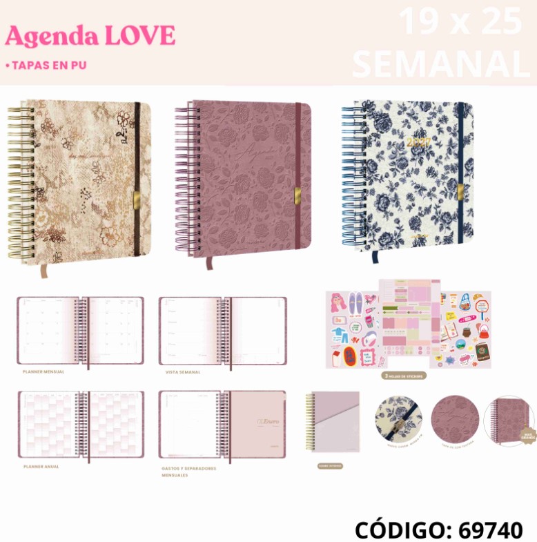 AGENDA 2027 19X25CM. FW SEMANAL ESPIRALADA LOVE (L69740)