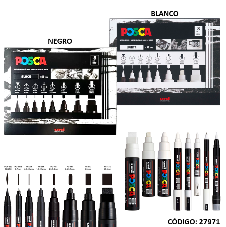 MARCADOR UNI POSCA PUNTAS MIXTAS X8 BLANCO Y NEGRO (L279710)