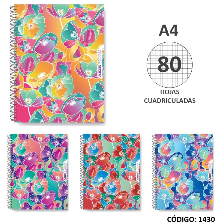 CUADERNO A4 SEMIRRIGIDO ARTE BLOOM CUADRICULADO X80hjs. (L1430)