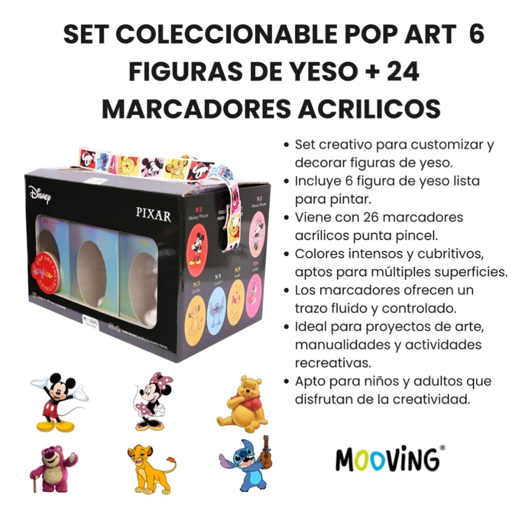 SET CREATIVO COLORING POP ART FIGURAS YESO + MARCADORES ACRILICOS (L33224)