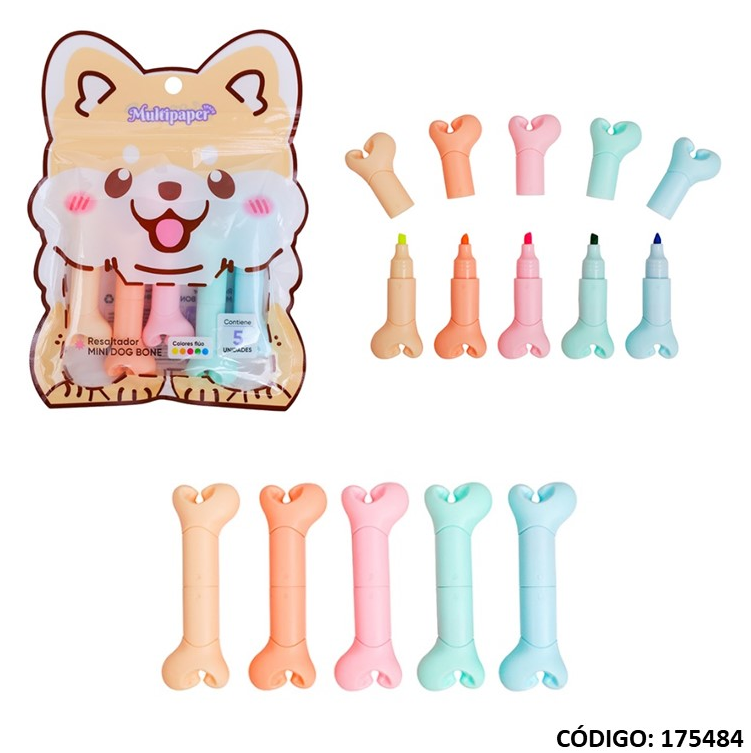 RESALTADOR MP MINI DOG BONE FLUO X5 COLORES (L175484)