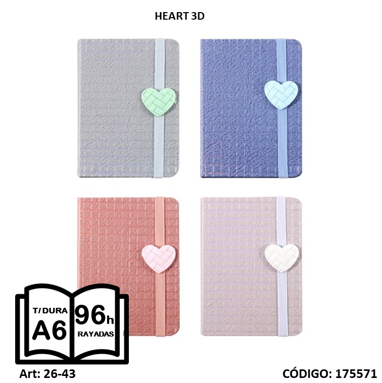 LIBRETA MULTI PAPER A6TAPA DURA HEART 3D X96hjs. (L175571)