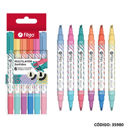 [L35980] RESALTADOR FILGO 2 PUNTAS MULTILAYER  SURTIDO X6 COLORES (L35980)